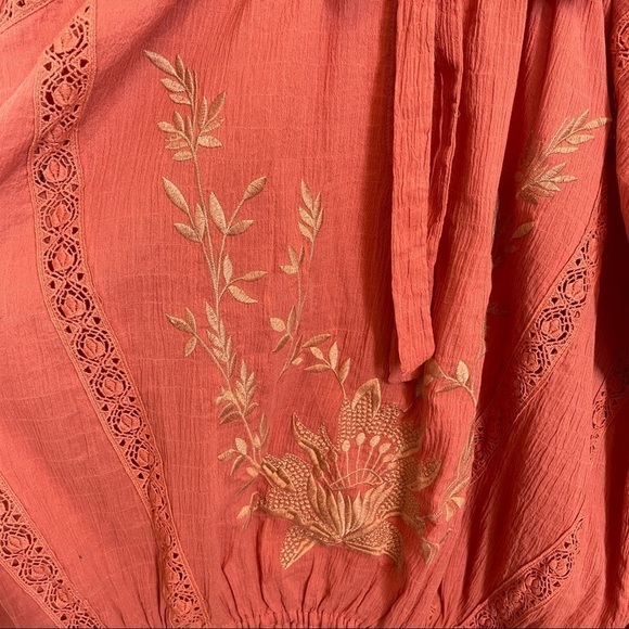 Free People Terra Cotta Maria Maria Top Ribbon Tie Gathered Waist Embroidery M - Picture 9 of 15